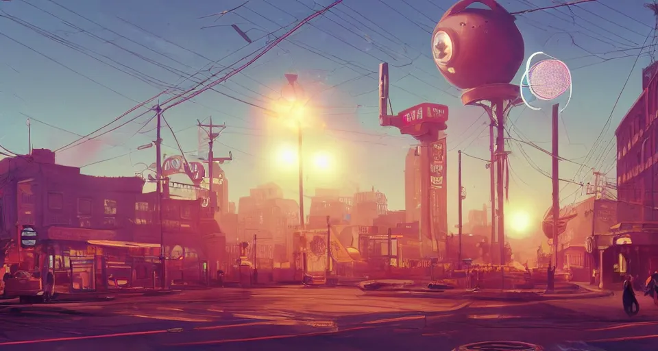 Image similar to A 1950s city scene with a GIANT LASER EYEBALL looming in the distance, rendered by simon stålenhag, rendered by Beeple, Makoto Shinkai, syd meade, environment concept, digital art, unreal engine, 3 point perspective, WLOP, trending on artstation, low level, 4K UHD image, octane render,