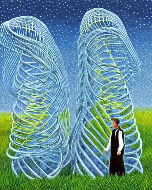 Image similar to in a field, two scientists in lab coats encounter a monster shaped like the DNA double helix, stormy weather, by Rob Gonsalves, dark