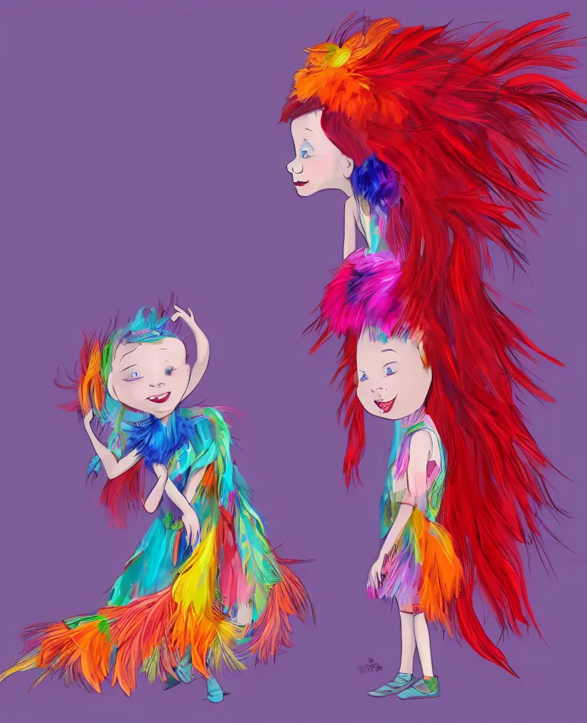 Image similar to little girl with eccentric red hair wearing a dress made of colorful feathers, concept art, smooth, cartoon art style