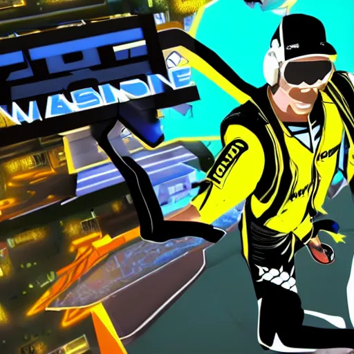 Image similar to woolie madden in jet se radio future, bomb rush cyberfunk, jet set radio sequel, cel - shading, unreal engine 5