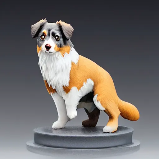 Image similar to australian shepherd anime figurine, soft studio light