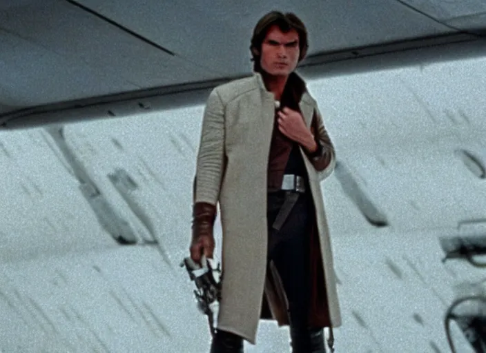 Image similar to screenshot of Han Solo dressed up as an imperial, iconic scene from 1970s spy thriller film directed by Stanley Kubrick, in a sci-fi shipping port, last jedi, 4k HD, cinematic lighting, beautiful portraits of Harrison Ford, moody, stunning cinematography, anamorphic lenses, kodak color film stock