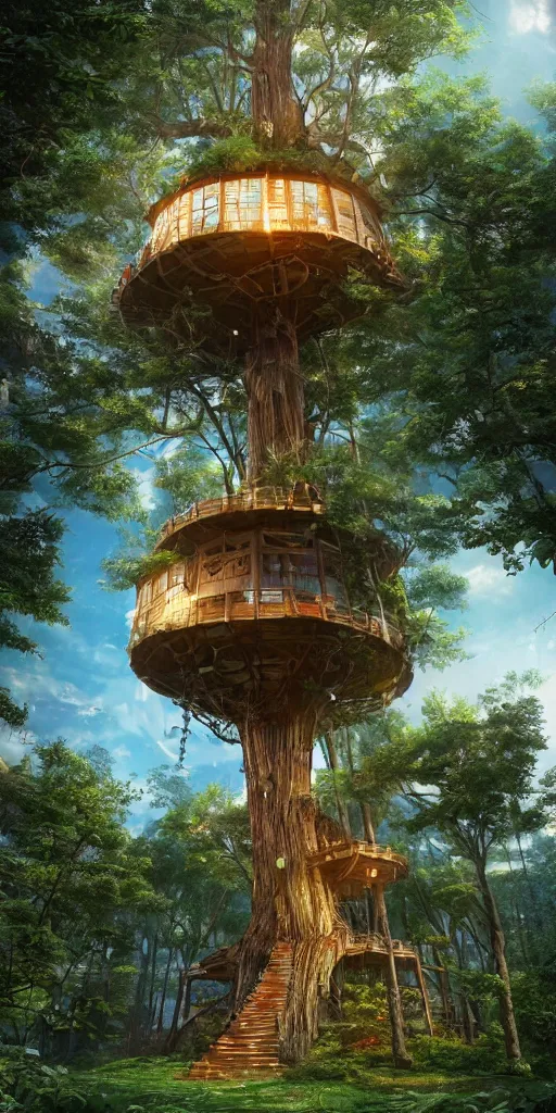 Image similar to ultra realistic and intricate detailed photograph of giant holy tech treehouse, innovation, bright modern style, artstation, unreal render, depth of field, ambient lighting, award winning, stunning