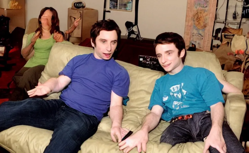 Prompt: john travolta and elijah wood sitting on a couch playing video game xbox ps 2