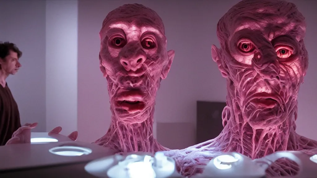 Image similar to the creature at the doctor's office, made of glowing wax and ceramic, they look me in the eye, film still from the movie directed by denis villeneuve and david cronenberg with art direction by salvador dali, wide lens