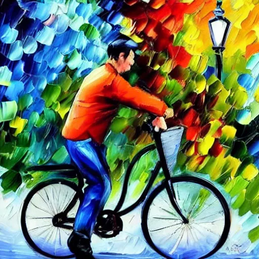 Prompt: Riding a bike, by Afremov, Leonid