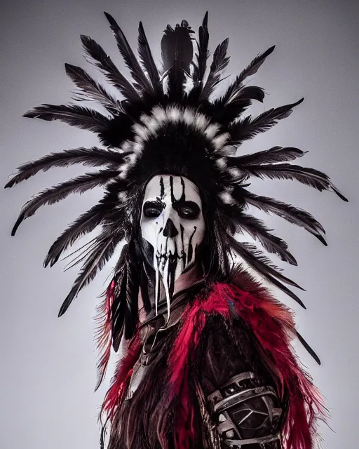 Image similar to the ghost - spirit of the grim - warpaint wears the scarlet skull armor and native blood headdress feathers, midnight fog - mist!, cinematic lighting, various refining methods, micro macro autofocus, ultra definition, award winning photo