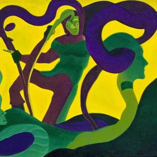 Prompt: oil on masonite painting by aaron douglas of a scene from greek mythology of medusa, green yellow and purple