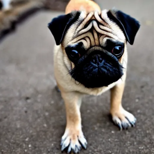 Image similar to a pug with duck feet instead of pug feet, photo