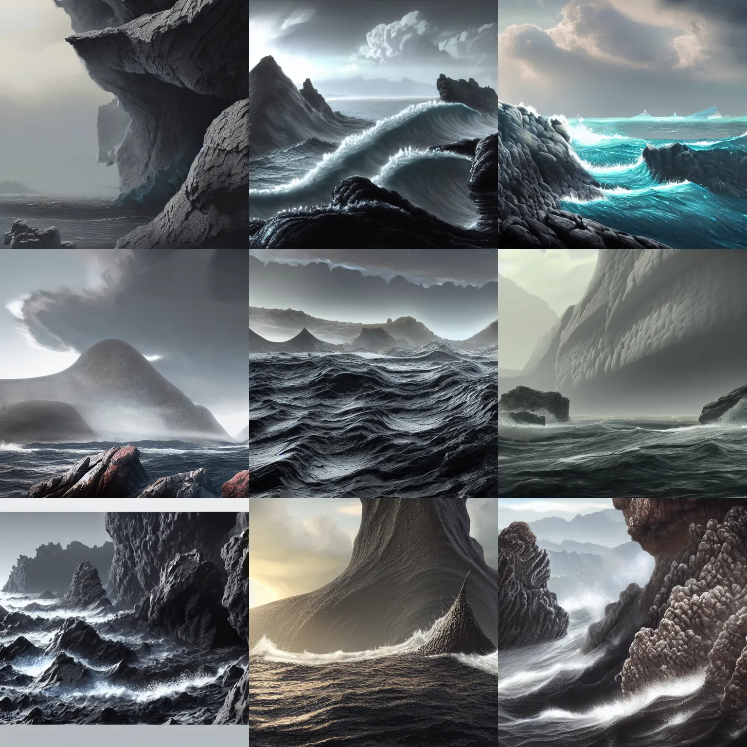 Prompt: a masterpiece matte painting of wavy!! and sharp!!! and glassy!! and choppy!! hardened lava rock, igneous rock materials, trailing off into the horizon, trending on artstation, greyscale, hard, solid, vray rendering, enormous scale, 8k