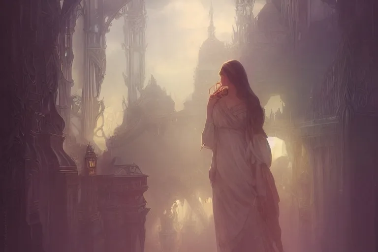 Prompt: all that we see or are seeing is but a dream within a dream, fog, volumetric lighting, intricate, elegant, highly detailed, digital painting, artstation, concept art, smooth, sharp focus, art nouveau, art by artgerm and greg rutkowski and alphonse mucha