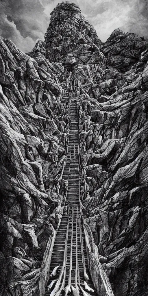 Image similar to kodak portra 4 0 0, photographic, vast staircase carved into black rock cliff side by hr giger and guillermo del toro and alan lee and paul lasaine, photorealistic, hyper detailed, 8 k, movie still, artstation, unreal engine,