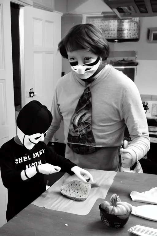 Image similar to a schoolboy in a mask v for vendetta makes sandwiches on the kitchen table