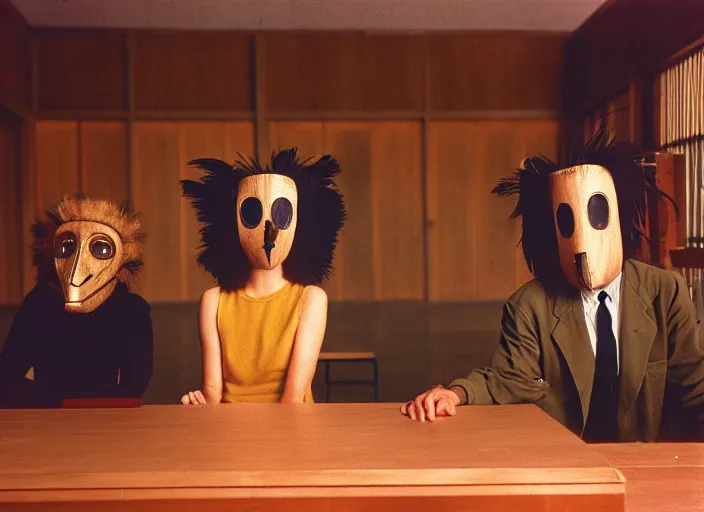 Image similar to realistic photo portrait of the team, brown mustard cotton fluffy shorts, crow mask face, wooden polished and fancy expensive wooden science laboratory hall interior 1 9 9 0, life magazine reportage photo, twin peaks by david lynch