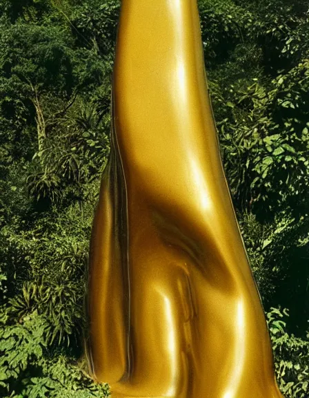 Image similar to vintage color photo of a giant 1 1 0 million years old abstract sculpture made of liquid gold covered by the jungle vines