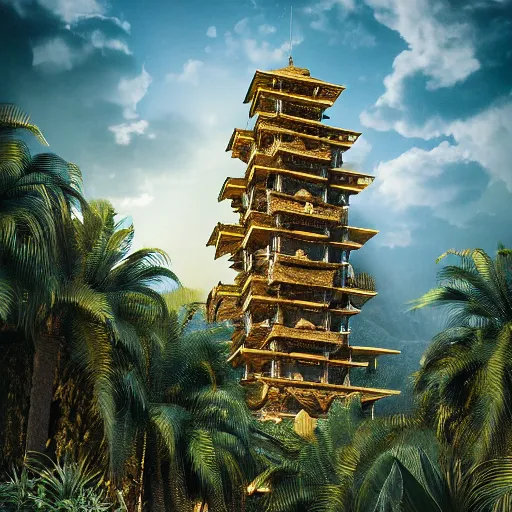 Image similar to photo of vertical golden tower, stacked ancient village, arid mountains and lush palm forest, photo realism, sharp focus, octane