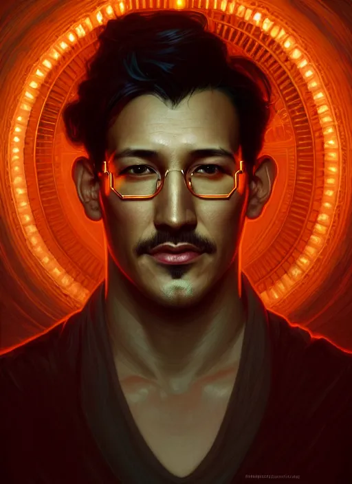 Image similar to symmetry portrait of markiplier, glowing lights, intricate, elegant, highly detailed, digital painting, artstation, concept art, smooth, sharp focus, illustration, art by artgerm and greg rutkowski and alphonse mucha