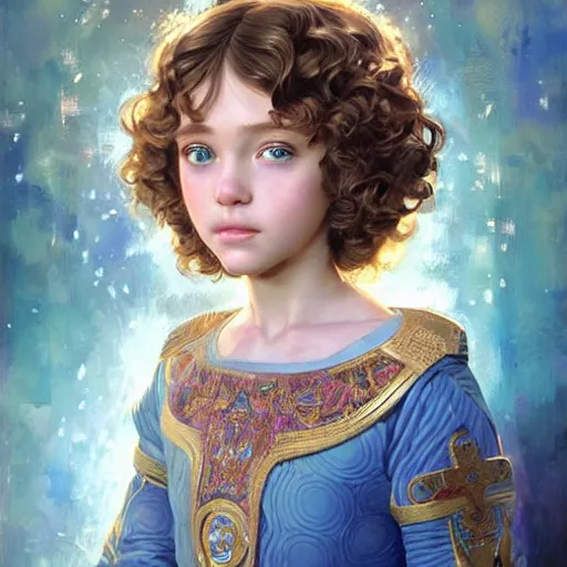 Image similar to a little girl with short wavy curly light brown hair and blue eyes, a space empress in byzantine style. beautiful highly detailed face, painting by ilya kuvshinov and artgerm and greg rutkowski.