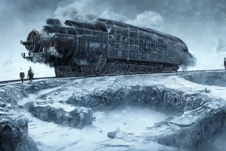 Image similar to a grand intricate futuristic black steam train next to a giant mammoth, post - apocalyptic ice landscape in snowstorm, concept art, artstation, highly detailed, digital art