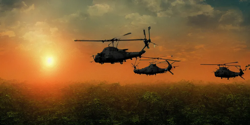 Prompt: Painting of vietnam Huey Helicopters, above a forest, orange sun set, abstract, realism, high details, glow, far, distance, over the horizon, drawn, 8k, octane render, extreme details, uniform, in sync, 3D model