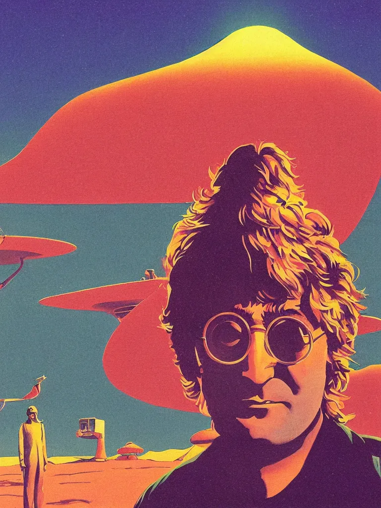 Prompt: a closeup portrait of john lennon, a ufo, taking mind altering drugs, a blotter paper of lsd acid and dreaming psychedelic hallucinations in a new mexico desert landscape, by kawase hasui, moebius, edward hopper, colorful flat surreal design, dramatic lighting, hd, 8 k, artstation