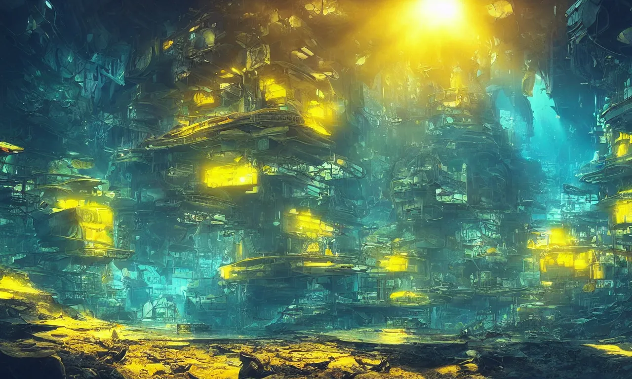 Prompt: “A scenic view of an abandoned underwater cyberpunk city from below, butterflyfish, jellyfish, sunlight through water, high definition, light effect, trending on artstation, blue and yellow color scheme”