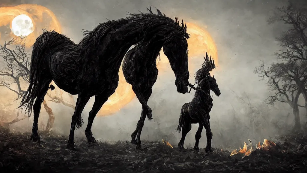 Image similar to rampant black horse with fiery eyes a headless colonial rider!!!! holds a ( jack - o - lantern ), background gnarled trees and large supermoon, in the styles of greg rutkowski, keith parkinson, and john quidor, intricate, detailed, volumetric lighting