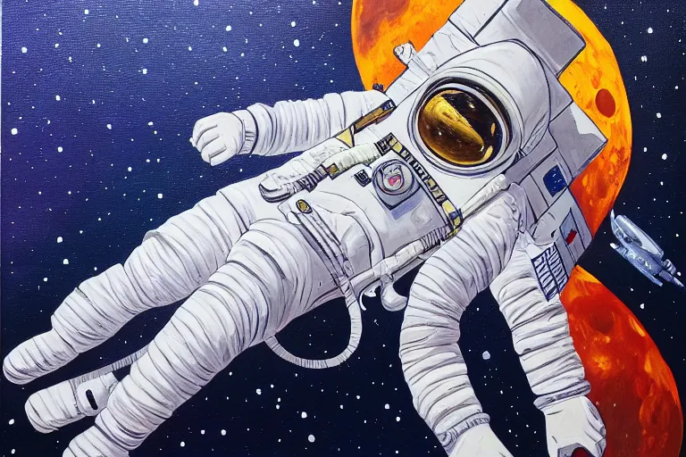 Image similar to A painting of an astronaut laying on the moon, in the style of Flooko, acrylic art, detailed,