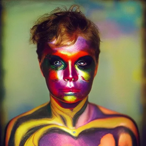 Image similar to iridescent bodypaint on a swashbuckling space pirate, photo by diane arbus