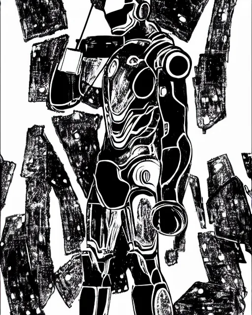 Image similar to black and white sad iron man with wires eat banana on hands on the destroed moon, wires earth background, by tsutomu nihei