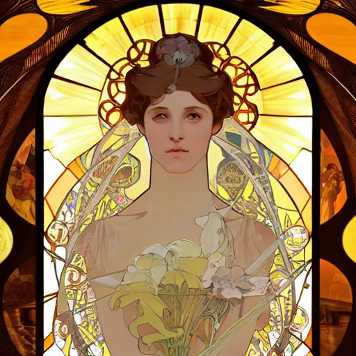 Prompt: a Portrait of A goddess in a church with a holy light emanating from her body by alphonse mucha and greg rutkowsk,In style of WLOP,digital art illustration.hyper detailed,smooth, sharp focus,trending on artstation,4k