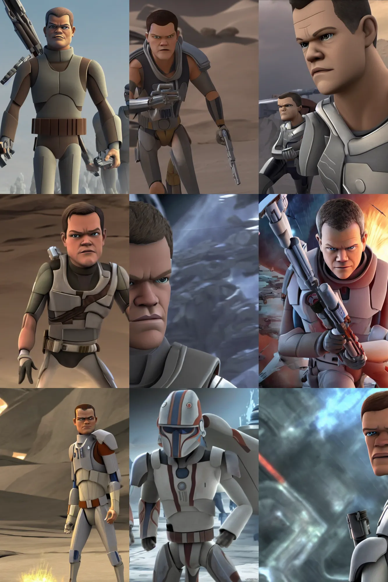 Prompt: matt damon in the clone wars, 3 d animation, 4 k, high quality