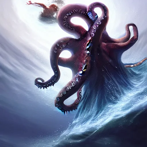 Image similar to a dream fantasy painting of a octopus attack a man in the deep of the ocean, by beksinki, greg rutkowski, carne griffith trending on artstation, deviantart, photorealism