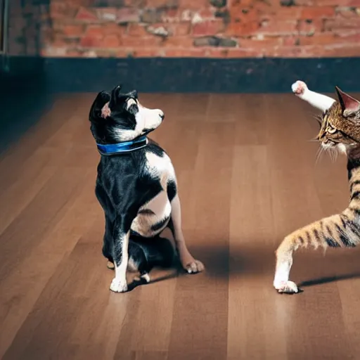 Image similar to a dog and cat boxing, hd, intricate detail, 4 k