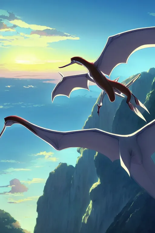 Image similar to a large smooth skinned white creature hybrid pterosaur, small quills along it's back, long fangs, sitting on a cliff high in the sky, sunset, backlit, beautiful composition, by makoto shinkai an krenz cushart