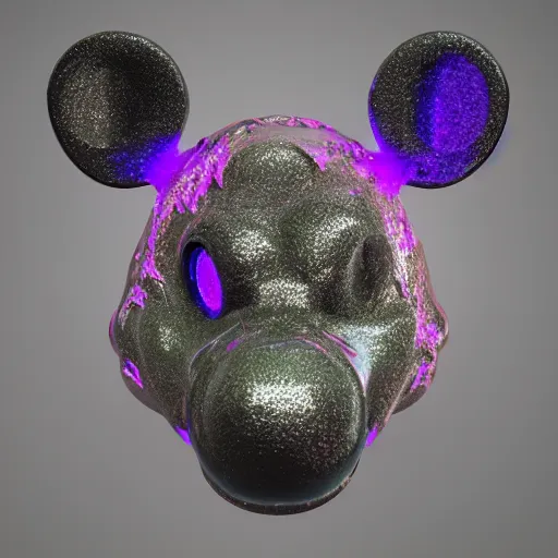 Prompt: knockoff mickey mouse head, fractal, broken, psychedelic, wet, mycelium, radiant alien, rococo, baroque, automotive, bio-mechanical, porcelain, iridescent, sub surface scattering, octane render