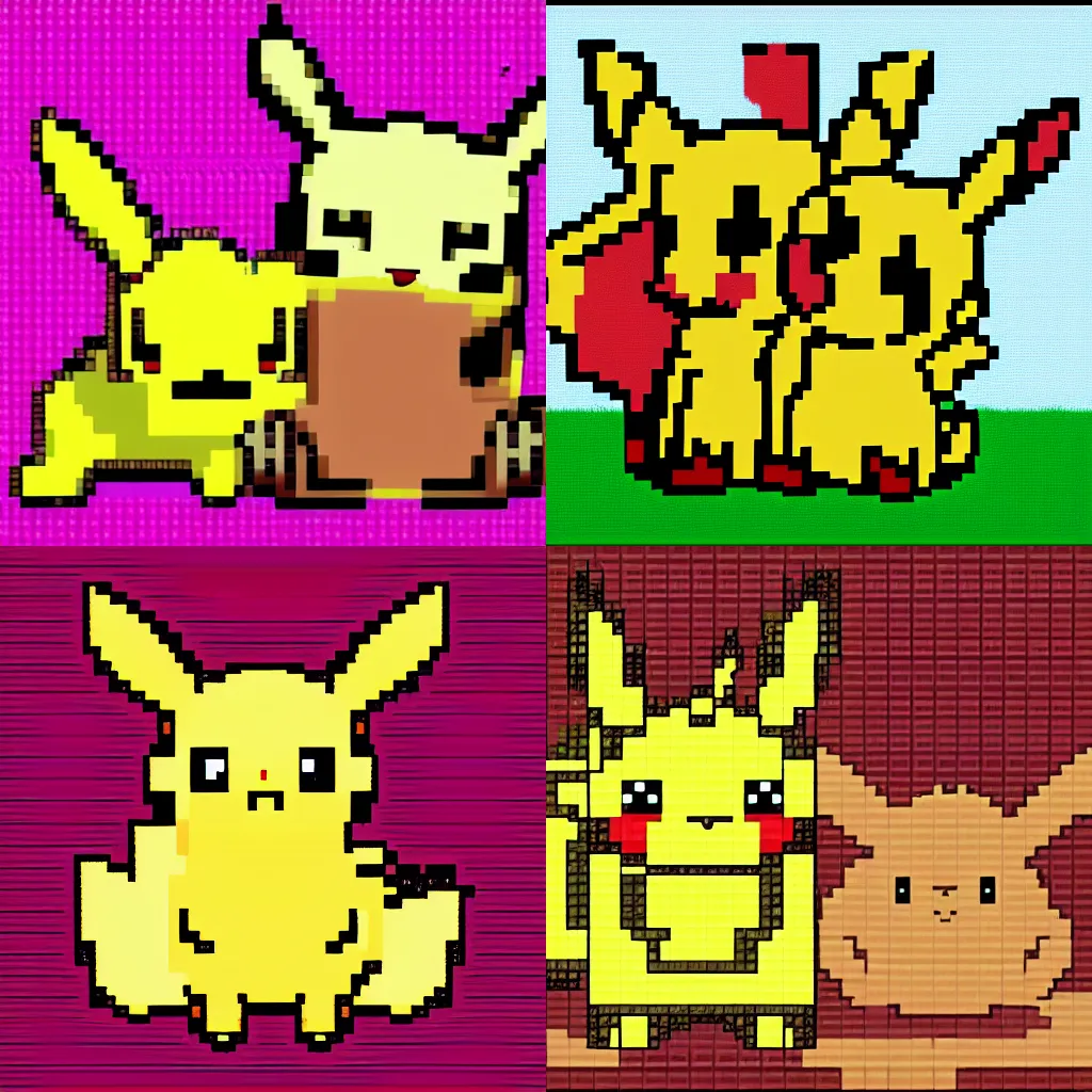 Prompt: pixelart of pikachu and eevee hugging