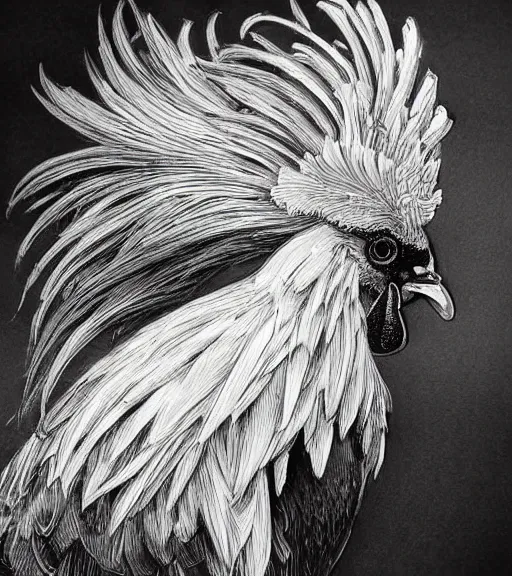 Image similar to beautiful rooster black and white drawing, in the style of greg rutkowski, fantasy, amazing detail, epic, intricate, elegant, smooth, sharp focus