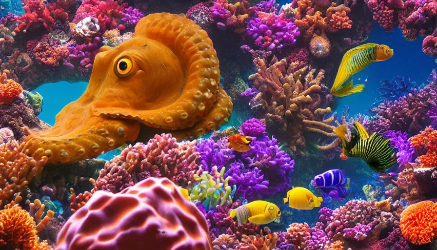 Image similar to a beautiful, noble, giant octopus of exquisite color : 1, underwater scenery, beautiful colorful corals, african cichlids and other species of small tropical sea - life, god - rays, volumetric lighting, 8 k, digital art