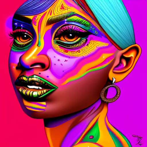 Image similar to an extremely psychedelic portrait of meg the stallion, surreal, lsd, face, detailed, intricate, elegant, lithe, highly detailed, digital painting, artstation, concept art, smooth, sharp focus, illustration