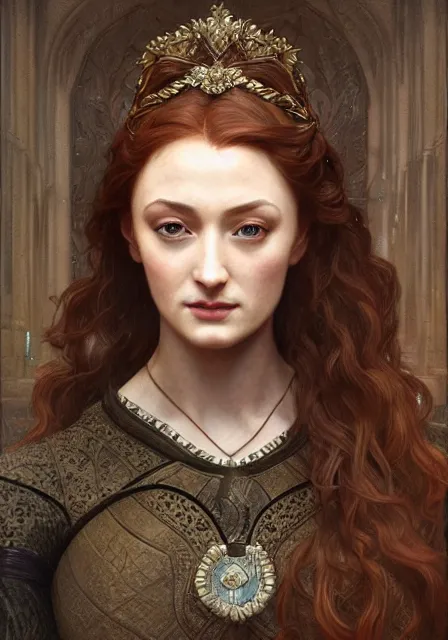 Image similar to portrait of pretty sansa stark, intricate, elegant, highly detailed, digital painting, artstation, concept art, smooth, sharp focus, illustration, art by artgerm and greg rutkowski and alphonse mucha and william - adolphe bouguereau