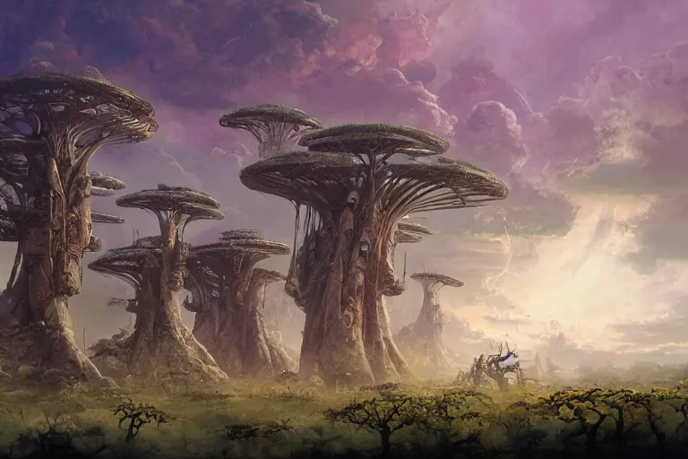 Image similar to scifi illustration, skull palace, baobab trees in distance, storm clouds on horizon, by rodney matthews, wadim kashin, morgan weistling, earle bergey, tyler edlin, alex schomburg, allen anderston, basil gogos, carl spitzweg