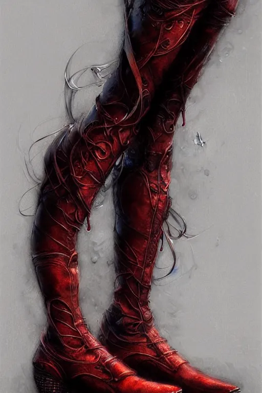 Prompt: red women's boots shoes only, by wlop, by luis royo, by peter mohrbacher, concept art, digital illustration, intricate, masterpiece, elegant, super detailed, unreal engine rendering, smooth, sharp focus, artstation hq