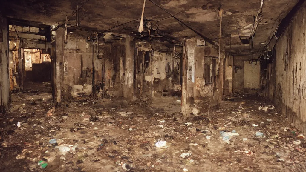 Prompt: photograph of a filthy, disused basement in Kowloon Walled City, 1994, unsanitary, dirty, contaminated, 35mm photo. Highly detailed, photographic, realistic, dramatic, cinematic