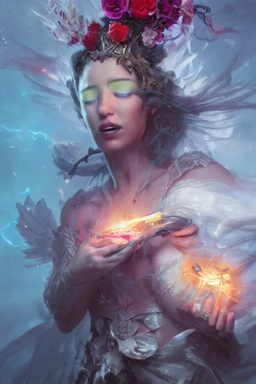 Prompt: half body closeup of beautiful girl necromancer, witch - doctor exploding into flowers, angels, 3 d render, hyper - realistic detailed portrait, holding fire and electricity, ruan jia, wlop. scifi, fantasy, magic the gathering, hyper detailed, octane render, concept art, peter mohrbacher