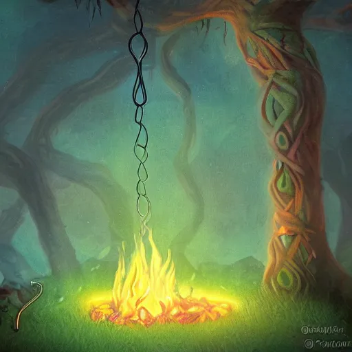 Prompt: a black cauldron filled with a magical green glowing potion hanging above a small campfire, night, fantasy, digital art, mysterious