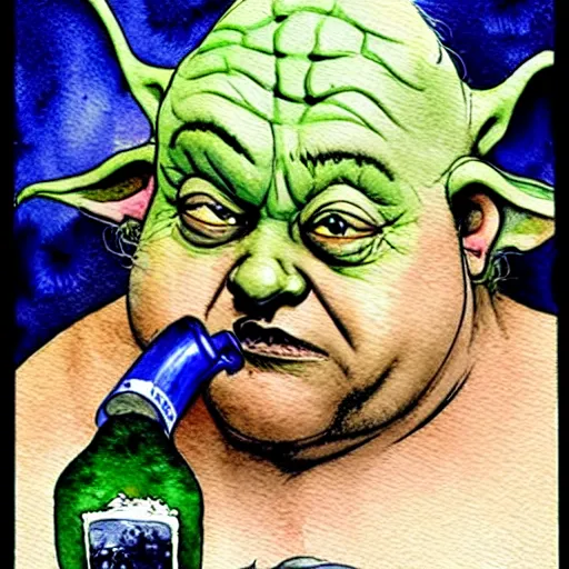 Image similar to a realistic and atmospheric watercolour fantasy character concept art portrait of a fat sleazy homeless yoda wearing a wife beater drinking out of a broken bottle, by rebecca guay, michael kaluta, charles vess and jean moebius giraud