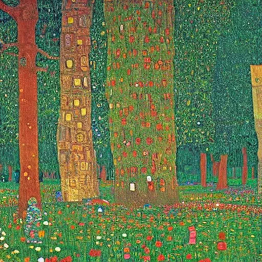 Prompt: an ancient village in a magical forest, painting by Gustav Klimt and Andy Warhol