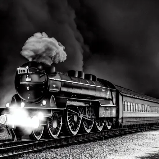 Prompt: a hyperdetailed black and white photograph of the flying scotsman on the rails producing lots of black smoke in an old timey city, night, dense fog, rain, hd, 8 k, cinematic, volumetric lighting