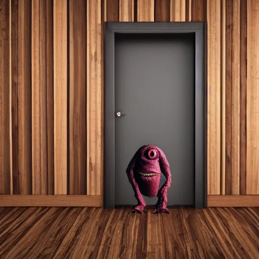 Prompt: photography, 3 d render, monster, open door, wood floor